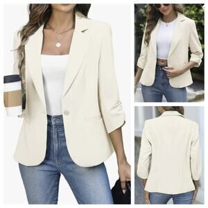 NWT ELLEVEN Women's Ruched 3/4 Sleeve Slim Fit Blazer Off White Size S